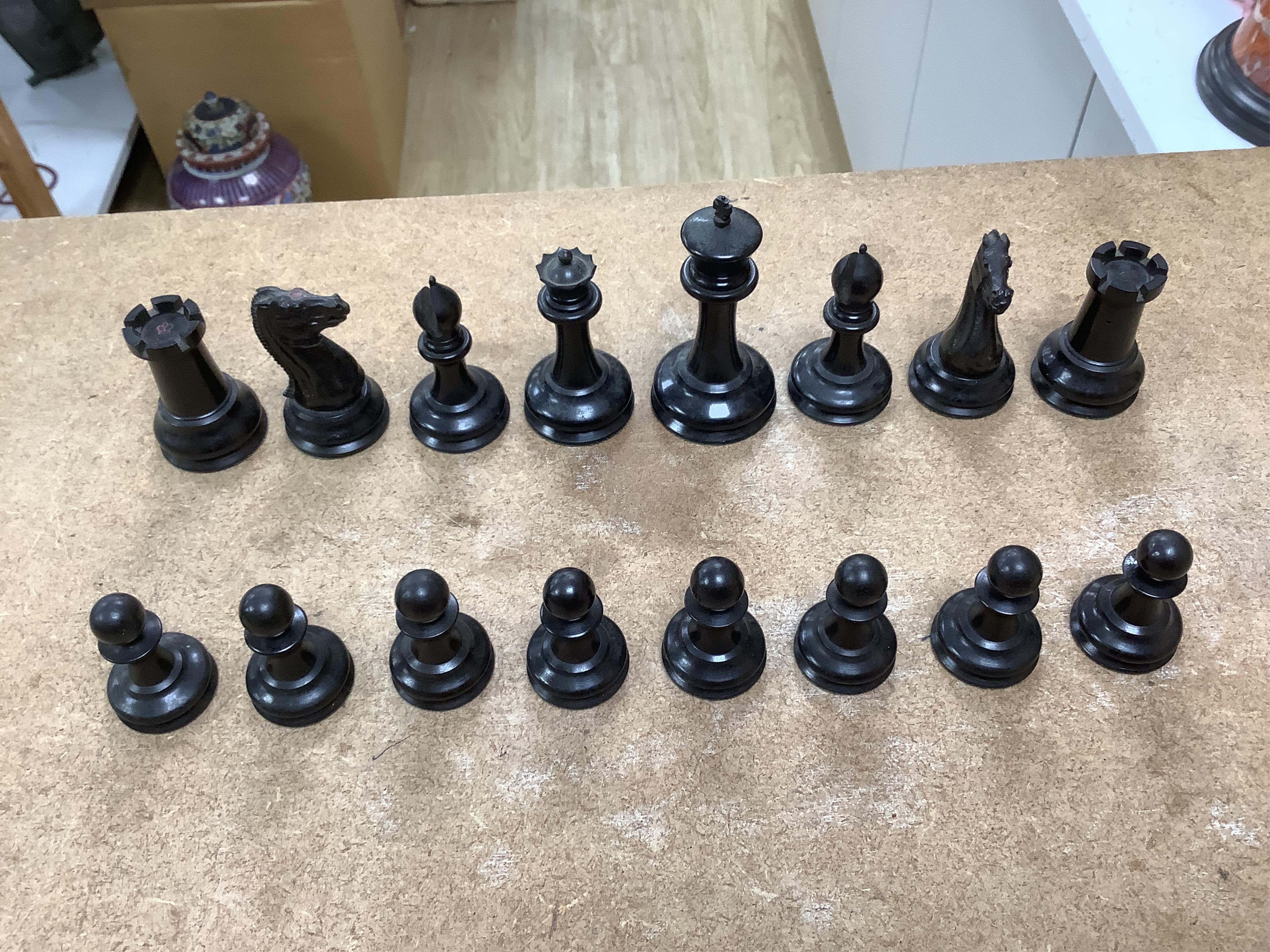 A Jaques Staunton pattern boxwood and ebony chess set, largest piece 8.5cm high